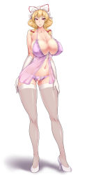Rule 34 | 1girl, alternate costume, alternate hairstyle, babydoll, blonde hair, bow, bow panties, breasts, censored, cleavage, collarbone, covered erect nipples, crotchless, crotchless panties, dashigarayama, elbow gloves, full body, gloves, gluteal fold, hair bow, hair up, hands on thighs, hat, hat ribbon, high heels, highres, huge breasts, knees, lace, lace legwear, lace trim, lingerie, looking at viewer, mob cap, narrow waist, navel, negligee, no pussy, outline, panties, parted lips, pointless censoring, purple eyes, purple panties, red pupils, ribbon, sagging breasts, shiny clothes, shiny skin, shoes, simple background, skindentation, smile, solo, strap gap, thighhighs, thighs, touhou, underwear, white background, white footwear, yakumo yukari