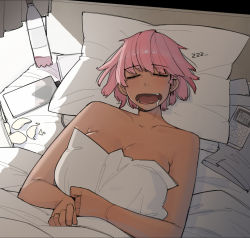 Rule 34 | 1girl, bed, bottle, breasts, calculator, cellphone, charger, cleavage, closed eyes, dark-skinned female, dark skin, drooling, ohasi, open mouth, original, phone, pink (ohasi), pink hair, short hair, sleeping, smartphone, under covers