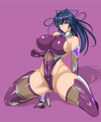 Rule 34 | 1girl, bare shoulders, black hair, blue hair, bodysuit, breasts, cameltoe, covered navel, curvy, full body, green eyes, high ponytail, highleg, highleg leotard, highres, igawa asagi, large breasts, leotard, long hair, long legs, looking at viewer, nado.e, official alternate costume, purple bodysuit, revealing clothes, shiny clothes, shiny skin, simple background, skin tight, solo, squatting, taimanin (series), taimanin asagi, taimanin rpgx, thong leotard