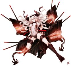 Rule 34 | 10s, 1girl, absurdres, abyssal ship, air defense princess, black footwear, black gloves, boots, breasts, gloves, hairband, highres, kantai collection, knee boots, long hair, red eyes, shao (newton), simple background, smile, solo, white hair