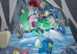 Rule 34 | 1girl, bestiality, black eyes, blurry, blurry foreground, blush, bob cut, bright pupils, bubble, cave, colored skin, constricted pupils, creatures (company), cunnilingus, drooling, ear blush, eelektrik, electricity, electrostimulation, fangs, female focus, game freak, gardevoir, gen 3 pokemon, gen 5 pokemon, green hair, green skin, hair over one eye, hands up, heart, heart in eye, highres, japanese text, leaning forward, licking another&#039;s face, m3 (gardevoir m3), multicolored skin, nintendo, nose blush, one eye covered, open mouth, oral, partially submerged, pokemon, pokemon (creature), red eyes, saliva, short hair, solo focus, speech bubble, spoken heart, spread legs, symbol in eye, tears, textless version, tongue, tongue out, translation request, trembling, two-tone skin, water, wavy mouth, wet, white pupils, white skin