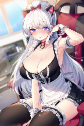 Rule 34 | 1girl, absurdres, animal ears, apron, arm up, armband, armpits, bell, between legs, black choker, black thighhighs, blurry, blurry background, blush, bow, breasts, cat ears, chair, choker, cleavage, collarbone, commentary, cowboy shot, dress, frilled cuffs, frilled dress, frilled thighhighs, frills, gaming chair, hair bow, hand between legs, highres, indoors, large breasts, light particles, light rays, long hair, looking at viewer, maid, maid apron, maid headdress, mendou kusai, monitor, neck bell, open mouth, original, pleated skirt, purple eyes, red bow, shadow, shiny skin, sidelocks, silver hair, sitting, skirt, sleeveless, sleeveless dress, solo, sparkle, sunlight, swept bangs, swivel chair, thighhighs, thighs, window, wrist cuffs