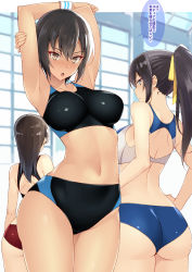 Rule 34 | 3girls, armpits, arms behind head, arms up, ass, black buruma, blue eyes, blue panties, breasts, brown eyes, buruma, commentary request, cowboy shot, hair ribbon, hand on own hip, high ponytail, highres, indoors, large breasts, long hair, looking at viewer, looking back, multiple girls, nakamura yukitoshi, navel, original, panties, ponytail, red buruma, ribbon, short hair, sidelocks, speech bubble, sports bra, stomach, sweatband, thighs, translated, underwear, yellow ribbon