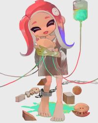 Rule 34 | 1girl, barefoot, blue hair, chain, chained legs, closed eyes, colored skin, commentary, full body, gradient hair, green skin, grey shirt, head tilt, highres, intravenous drip, li04r, long hair, multicolored hair, nintendo, octoling, octoling girl, octoling player character, open mouth, red hair, shirt, simple background, solo, splatoon (series), standing, tentacle hair, thick eyebrows, toy, two-tone hair, white background