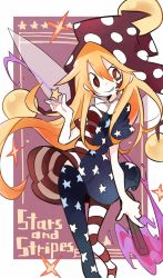 Rule 34 | 1girl, american flag dress, american flag legwear, blonde hair, clownpiece, fairy wings, fire, gun, hat, highres, jester cap, long hair, looking at viewer, mononomo616, neck ruff, pantyhose, red eyes, rifle, short sleeves, sniper rifle, solo, standing, star (symbol), star print, striped clothes, striped pantyhose, torch, touhou, very long hair, weapon, wings