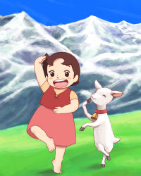 Rule 34 | 1girl, :d, alps no shoujo heidi, arm up, bad id, bad pixiv id, barefoot, bell, blush stickers, brown hair, child, collar, dancing, day, dress, facing viewer, full body, goat, happy, heidi (alps no shoujo heidi), highres, lafolie, mountain, neck bell, open mouth, osomatsu-kun, outdoors, red skirt, red vest, retro artstyle, sheeeh!, shirt, short hair, short sleeves, skirt, sky, smile, standing, standing on one leg, teeth, very short hair, vest, world masterpiece theater, yellow shirt, yuki (heidi)