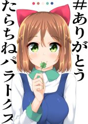 Rule 34 | 1girl, batsu, blue dress, blush, bow, braid, breasts, brown hair, closed mouth, clover, color guide, commentary request, copyright request, dress, four-leaf clover, green eyes, hair bow, holding, long sleeves, looking at viewer, medium breasts, red bow, shirt, short hair, simple background, smile, solo, translation request, upper body, white background, white shirt