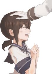 Rule 34 | 10s, 1girl, :d, absurdres, blue ribbon, blush, brown hair, eyebrows, fubuki (kancolle), gloves, hair tie, hand on another&#039;s head, highres, kantai collection, long sleeves, low ponytail, open mouth, profile, ranf, ribbon, school uniform, serafuku, short hair, short sleeves, simple background, sleeve cuffs, smile, solo focus, teeth, upper body, white background, white gloves