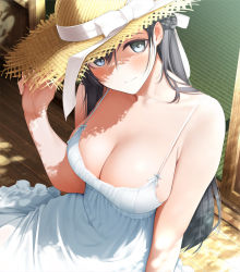 Rule 34 | 1girl, bare arms, bare shoulders, blush, bow, braid, breasts, cleavage, closed mouth, collarbone, day, dress, fed (giba), grey eyes, hand on headwear, hat, hat bow, hat ornament, large breasts, long hair, looking at viewer, on floor, original, silver hair, sitting, sleeveless, sleeveless dress, smile, solo, spaghetti strap, straw hat, sundress, sunlight, very long hair, white bow, white dress, wooden floor, yellow hat