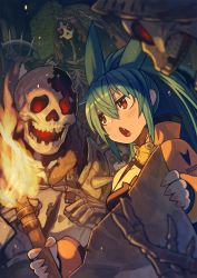 Rule 34 | 1girl, blue hair, breasts, clothes writing, collarbone, fang, fingernails, fire, hair between eyes, highres, holding, holding map, holding torch, long hair, map, nail polish, open mouth, orange eyes, orange nails, original, ponytail, ringed eyes, rumie, single bare shoulder, skeleton, small breasts, tiona, torch, v-shaped eyebrows, wrist cuffs