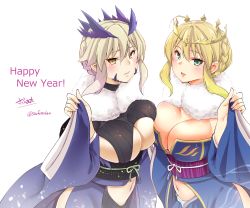 Rule 34 | 2girls, absurdres, adapted costume, artoria pendragon (fate), artoria pendragon (lancer) (fate), artoria pendragon (lancer alter) (fate), blue kimono, blush, braid, breast press, breasts, cape, cleavage, commentary request, crown, dual persona, english text, fate/grand order, fate (series), female focus, french braid, fur-trimmed cape, fur trim, green eyes, hair between eyes, happy new year, highres, horns, japanese clothes, kimono, large breasts, lips, looking at viewer, multiple girls, navel, new year, pink lips, revealing clothes, sarfata, side slit, sideboob, sidelocks, signature, stomach, swept bangs, symmetrical docking, twitter username, underboob, white background, wide sleeves, yellow eyes