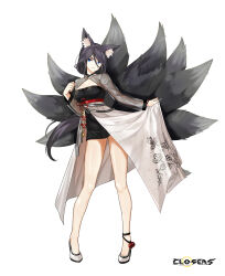 Rule 34 | 1girl, absurdres, alternate hair color, animal ear fluff, animal ears, ankle bell, black dress, black footwear, black hair, black sleeves, black tail, blue eyes, breasts, cleavage, cleavage cutout, closers, clothing cutout, copyright name, dress, fingernails, fox ears, fox girl, fox tail, full body, grin, hand up, high heels, highres, kitsune, kyuubi, large breasts, layered dress, legs apart, logo, long fingernails, long hair, long sleeves, looking at viewer, low ponytail, multiple tails, official art, overskirt, pigeon-toed, see-through, see-through sleeves, skirt hold, smile, solo, standing, tachi-e, tail, two-tone dress, v-shaped eyebrows, violet (closers), wedge heels, white background, white dress