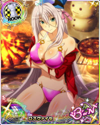 Rule 34 | 1girl, antenna hair, aqua eyes, bare shoulders, bikini, bikini under clothes, blush, breast hold, breasts, card (medium), character name, chess piece, closed mouth, fire, goggles, goggles on head, hair ribbon, hat, high school dxd, high school dxd born, large breasts, long hair, looking at viewer, navel, no pants, off shoulder, official art, open clothes, pink bikini, ribbon, rook (chess), rossweisse, silver hair, sitting, smile, snowman, solo, swimsuit, torn bikini, torn clothes, trading card, very long hair, winter clothes