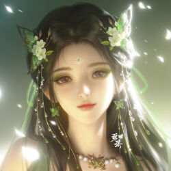 Rule 34 | 1girl, baiguio (zhu xian), bead necklace, beads, blue eyes, brown hair, butterfly hair ornament, closed mouth, earrings, facial mark, falling petals, flower, forehead mark, glowing, glowing petals, hair flower, hair ornament, hair ribbon, head tilt, highres, jewelry, long hair, looking at viewer, necklace, petals, portrait, ribbon, second-party source, smile, solo, yuanzi lin, zhu xian