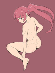 Rule 34 | 1girl, blush, from behind, kubocha, long hair, looking back, nude, original, red hair, simple background, sitting, solo