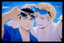 Rule 34 | 2boys, alternate costume, ao isami, black hair, blonde hair, blue sky, carnon12, couple, day, facial hair, lewis smith, looking at viewer, male focus, multiple boys, one eye closed, pectoral cleavage, pectorals, selfie, sideburns stubble, sky, stubble, sunglasses, thick eyebrows, upper body, yaoi, yuuki bakuhatsu bang bravern
