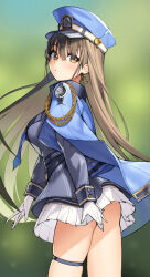 Rule 34 | 1girl, ass, blue jacket, blush, breasts, brown eyes, brown hair, closed mouth, diesel (nikke), earrings, gloves, goddess of victory: nikke, green background, hat, highres, jacket, jacket on shoulders, jewelry, large breasts, long hair, long sleeves, looking at viewer, migu (iws2525), miniskirt, pleated skirt, simple background, skindentation, skirt, solo, thigh strap, very long hair, white gloves, white skirt