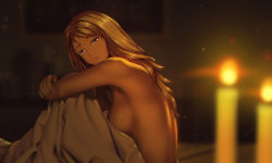 Rule 34 | 1girl, a.x., bare back, bed sheet, blonde hair, blurry, blurry background, blurry foreground, breasts, candle, candlelight, dark room, depth of field, from side, head tilt, hugging own legs, knees to chest, large breasts, lips, long hair, looking at viewer, naked sheet, nude, original, parted lips, sideboob, sitting, solo, yellow eyes
