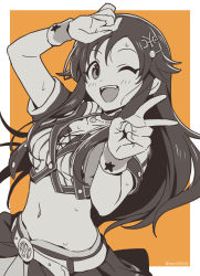 Rule 34 | 1girl, ;d, arm up, asada hachi, banned artist, baseball hair ornament, blush, border, breasts, cleavage, commentary, crop top, greyscale with colored background, hair ornament, hairclip, hand up, happy, highres, himekawa yuki, idolmaster, idolmaster cinderella girls, long hair, looking at viewer, midriff, navel, one eye closed, open mouth, orange background, outside border, shirt, short sleeves, simple background, smile, solo, star (symbol), star print, sweat, sweatband, symbol-only commentary, teeth, twitter username, upper teeth only, v, white border