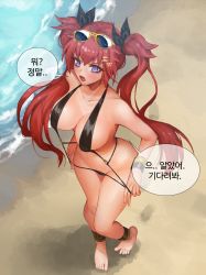 Rule 34 | 1girl, absurdres, bad id, bad pixiv id, black one-piece swimsuit, blush, eyewear on head, full body, hair ornament, hair ribbon, hairclip, highres, hsd, korean text, last origin, long hair, looking at viewer, may of doom, one-piece swimsuit, open mouth, purple eyes, red hair, ribbon, slingshot swimsuit, solo, sunglasses, swimsuit, translated, twintails, very long hair, wide hips