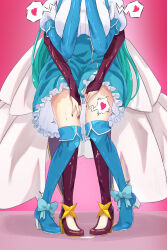 Rule 34 | 2girls, behind another, blue footwear, boots, bridal gauntlets, commentary request, fingernails, hands on another&#039;s thighs, head out of frame, heart, high heel boots, high heels, highres, hiiragi utena, knees together feet apart, lower body, magia azure, magia baiser, magical girl, mahou shoujo ni akogarete, minakami sayo, molestation, multiple girls, nail polish, pigeon-toed, pink background, purple nails, pussy juice, pussy juice drip through clothes, pussy juice puddle, sharp fingernails, shiro alba, spoken heart, thigh boots, thighs, trembling, yuri