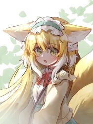 Rule 34 | 1girl, :d, animal ear fluff, animal ears, aqua hairband, aqua skirt, arknights, blonde hair, blush, cardigan, commentary, fox ears, fox girl, fox tail, frilled hairband, frills, from side, fumi (fyvr2372), green eyes, hair ornament, hair scrunchie, hairband, high-waist skirt, highres, kitsune, kyuubi, long sleeves, looking at viewer, multicolored hair, multiple tails, neck ribbon, official alternate costume, open cardigan, open clothes, open mouth, puffy long sleeves, puffy sleeves, red ribbon, ribbon, scrunchie, shirt, skirt, smile, solo, suzuran (arknights), suzuran (spring praise) (arknights), symbol-only commentary, tail, two-tone hair, upper body, white hair, white shirt, yellow cardigan