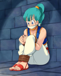 Rule 34 | 1girl, bdsm, blue eyes, blue hair, bondage, bound, bound ankles, bound wrists, breasts, bulma, cleavage, cloth gag, dragon ball, gag, gagged, highres, improvised gag, lost one zero, medium breasts, over the mouth gag, sandals