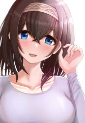 Rule 34 | 1girl, absurdres, black hair, blue eyes, blush, breasts, commentary, facing viewer, grey sweater, hairband, hand up, head tilt, highres, idolmaster, idolmaster cinderella girls, karlp346pro, long sleeves, looking at viewer, medium breasts, medium hair, open mouth, sagisawa fumika, smile, solo, sweater, upper body, white hairband
