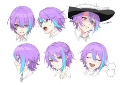 Rule 34 | 1boy, absurdres, blue hair, blush, collared shirt, colorful festival (project sekai), crescent, crescent facial mark, facial mark, grin, hat, highres, junpaku no anata e chikai no uta wo! (project sekai), kamishiro rui, male focus, multicolored hair, official style, one side up, open mouth, portrait, project sekai, purple hair, revival my dream (project sekai), shirt, sidelocks, simple background, smile, streaked hair, taro14 tea, top hat, white background, yellow eyes