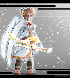 Rule 34 | 1boy, angel, angel wings, bow (weapon), brown hair, feathered wings, full body, highres, holding, holding bow (weapon), holding weapon, kid icarus, laurel crown, looking to the side, male focus, nintendo, pit (kid icarus), rune (ruupokesmash54), solo, twitter username, v-shaped eyebrows, weapon, white wings, wings
