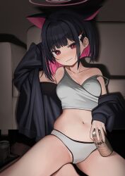 Rule 34 | 1girl, absurdres, bare shoulders, black hair, black jacket, blue archive, blush, breasts, camisole, can, closed mouth, collarbone, colored inner hair, extra ears, hair ornament, hairclip, halo, highres, holding, holding can, indoors, jacket, kazusa (blue archive), medium breasts, momocadraw, multicolored hair, navel, panties, pink hair, pink halo, red eyes, solo, stomach, strap slip, thighs, underwear, white camisole, white panties