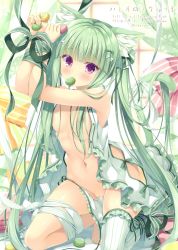 Rule 34 | 1girl, absurdres, animal ear fluff, animal ears, areola slip, bare shoulders, bound, bound wrists, breasts, cat ears, cat girl, cat tail, dress, food, green hair, green ribbon, hair censor, highres, holding, kneeling, long hair, looking at viewer, macaron, mouth hold, navel, no bra, open clothes, open dress, original, panties, panties around leg, purple eyes, ribbon, side-tie panties, single thighhigh, sleeveless, sleeveless dress, small breasts, solo, stomach, striped clothes, striped thighhighs, tail, takano yuki (allegro mistic), thighhighs, thighs, twintails, underwear, untied panties, very long hair, white dress, white panties, white ribbon