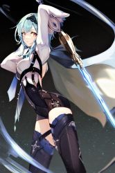 Rule 34 | 1girl, absurdres, arms behind head, arms up, backless outfit, black gloves, black hairband, black leotard, black thighhighs, blue cape, blue hair, blue necktie, blush, breasts, cape, eula (genshin impact), genshin impact, gloves, greatsword, hair ornament, hairband, highres, large breasts, leotard, long sleeves, looking at viewer, lumo 1121, medium hair, necktie, purple eyes, sidelocks, solo, sword, thighhighs, thighs