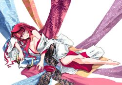 Rule 34 | 10s, 1girl, barefoot, breasts, cleavage, cup, fake horns, female focus, horns, ishida akira, japanese clothes, jpeg artifacts, kimono, large breasts, long hair, lying, maou (maoyuu), maoyuu maou yuusha, md5 mismatch, new year, off shoulder, official art, on side, red eyes, red hair, sakazuki, solo