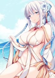 Rule 34 | beach, blue eyes, blue nails, blush, braid, breasts, fate/grand order, fate (series), flower, hair flower, hair ornament, large breasts, long hair, morgan le fay (fate), morgan le fay (water princess) (fate), murasakio, ponytail, ribbon, smile, swimsuit, twin braids, very long hair, white hair, white swimsuit