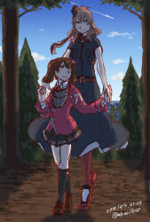 Rule 34 | 2girls, blue eyes, brown hair, day, forest, hair between eyes, holding hands, japanese clothes, kantai collection, long hair, multiple girls, nature, neckerchief, outdoors, ponytail, red legwear, ryuujou (kancolle), samusio, saratoga (kancolle), short hair, side ponytail, skirt, twintails, yuri