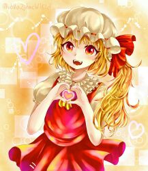 Rule 34 | 1girl, ascot, blonde hair, cowboy shot, fangs, flandre scarlet, frills, hat, hat ribbon, heart, heart hands, highres, looking at viewer, mob cap, nukoa, open mouth, red eyes, red ribbon, ribbon, side ponytail, solo, touhou, upper body, white hat, yellow ascot