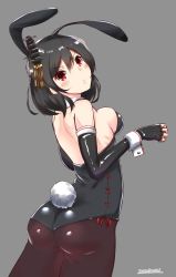 Rule 34 | 1girl, :&lt;, absurdres, animal ears, artist name, ass, black gloves, black hair, black pantyhose, blush, breasts, commentary request, detached collar, elbow gloves, fake animal ears, fingerless gloves, gloves, grey background, hair ornament, highres, kantai collection, leotard, looking at viewer, looking back, medium breasts, momimaki, pantyhose, playboy bunny, rabbit ears, rabbit tail, red eyes, short hair, sideboob, solo, strapless, strapless leotard, tail, wrist cuffs, yamashiro (kancolle)