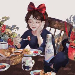 Rule 34 | 1girl, baguette, black cat, bottle, bow, bread, cat, chair, cherry tomato, closed eyes, closed mouth, cup, eating, food, fork, hair bow, highres, holding, holding fork, jiji (majo no takkyuubin), kiki (majo no takkyuubin), majo no takkyuubin, milk bottle, noche official, pancake, plate, red bow, sausage, short hair, tomato