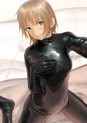 Rule 34 | 1girl, bed, bodysuit, brown eyes, brown hair, hand on own chest, highres, kilye kairi, latex, latex suit, looking at viewer, original, shiny clothes, short hair, sitting, skin tight, smile