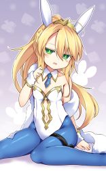Rule 34 | 1girl, aged down, animal ears, artoria pendragon (all), artoria pendragon (fate), artoria pendragon (swimsuit ruler) (fate), baku-p, blonde hair, blue necktie, blue pantyhose, blush, braid, breasts, clothing cutout, collar, collarbone, commentary request, detached collar, fake animal ears, fate/grand order, fate (series), green eyes, hair between eyes, hand up, head tilt, high ponytail, leotard, long hair, looking at viewer, navel, navel cutout, necktie, pantyhose, parted lips, playboy bunny, ponytail, rabbit ears, short necktie, sitting, small breasts, smile, solo, strapless, strapless leotard, tiara, very long hair, wariza, white collar, white leotard, wing collar, wrist cuffs