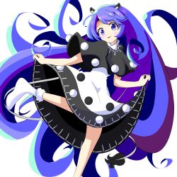 Rule 34 | 1girl, absurdly long hair, absurdres, animal ears, black capelet, blue eyes, blue hair, capelet, doremy sweet, dress, highres, long hair, multicolored clothes, multicolored dress, nightgown, pom pom (clothes), simple background, solo, tail, tapir ears, touhou, very long hair, white background, zenji029