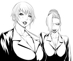 Rule 34 | 2girls, blush, breasts, chinbotsu, cleavage, earrings, eyepatch, formal, greyscale, hair bun, hair over one eye, huge breasts, jewelry, lips, lipstick, makeup, mature (kof), monochrome, multiple girls, naughty face, office lady, short hair, simple background, single hair bun, smile, snk, suit, the king of fighters, upper body, vice (kof)