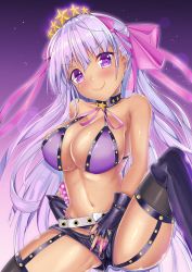 Rule 34 | 1girl, bare shoulders, bb (fate), bb (fate/extra), bb (swimsuit mooncancer) (second ascension) (fate), black footwear, black gloves, black thighhighs, blush, boots, breasts, cleavage, collarbone, commentary request, dark-skinned female, dark skin, fate/grand order, fate (series), gloves, hair ornament, hair ribbon, highres, kaptivate, large breasts, long hair, looking at viewer, micro shorts, nail polish, open fly, panties, pink nails, pink panties, purple eyes, purple hair, ribbon, shorts, smile, solo, thighhighs, underwear, very long hair