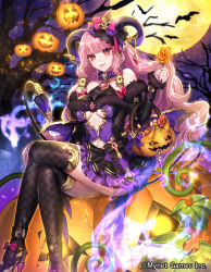 Rule 34 | 1girl, bare shoulders, bare tree, bat (animal), black footwear, black sleeves, black thighhighs, bow, breasts, candy, cleavage cutout, clothing cutout, collar, company name, crossed legs, demon horns, demon tail, fishnet thighhighs, fishnets, food, full moon, gem, gyakushuu no fantasica, hair bow, hair ornament, high heels, highres, holding, holding candy, holding food, horns, jack-o&#039;-lantern, katagiri hachigou, lollipop, long hair, medium breasts, moon, nail polish, navel, navel cutout, night, night sky, official art, orange eyes, parted lips, pink bow, pink hair, pointy ears, purple collar, purple nails, silk, sitting, sky, solo, spider web, tail, thighhighs, tree, wrapped candy