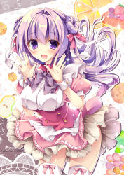 Rule 34 | 1girl, alternate costume, artist name, blush, breasts, commentary request, cookie, double bun, dress, enmaided, floating hair, food, hair between eyes, hair bun, hair ribbon, highres, layered dress, long hair, looking at viewer, maid, medium breasts, nanaroba hana, open hands, open mouth, original, purple eyes, purple hair, ribbon, short sleeves, solo, thighhighs, white thighhighs, wrist cuffs