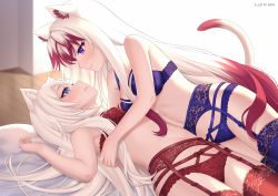 Rule 34 | 2girls, animal ear fluff, animal ears, artist name, bad id, bad pixiv id, bare arms, bare shoulders, blue bra, blue panties, blue thighhighs, blurry, blurry background, blush, bra, breasts, cat ears, cat girl, cat tail, closed mouth, commentary request, depth of field, eye contact, garter belt, girl on top, gradient hair, lace, lace-trimmed legwear, lace trim, lingerie, long hair, looking at another, lying, medium breasts, multicolored hair, multiple girls, nami (nyaa), on back, original, panties, red bra, red hair, red legwear, red panties, smile, tail, tail raised, thighhighs, underwear, underwear only, very long hair, white hair, wooden floor, yuri