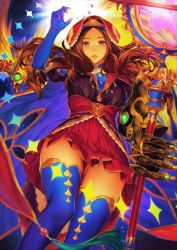 Rule 34 | 1girl, blue gloves, blue thighhighs, brown hair, elbow gloves, fate/grand order, fate (series), floating hair, from below, gauntlets, gloves, grey eyes, holding, holding staff, leonardo da vinci (fate), long hair, looking at viewer, official art, parted lips, pleated skirt, red skirt, simosi, skirt, solo, staff, star (symbol), thighhighs, zettai ryouiki