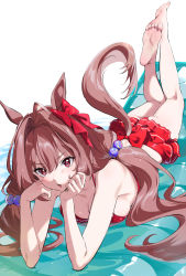 Rule 34 | 1girl, ahoge, air mattress, animal ears, bare arms, bare legs, bare shoulders, barefoot, bikini, bikini skirt, blush, bow, breasts, brown hair, cleavage, daiwa scarlet (trifle vacation) (umamusume), daiwa scarlet (umamusume), feet, feet up, full body, hair bow, hair intakes, hands on own face, highres, horse ears, horse girl, horse tail, long hair, looking at viewer, low twintails, lying, medium breasts, misu kasumi, official alternate costume, on stomach, open mouth, red bikini, red bow, red eyes, simple background, soles, solo, swimsuit, tail, toes, twintails, umamusume, v-shaped eyebrows, white background