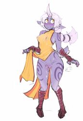Rule 34 | 1girl, bare shoulders, blush, breasts, colored skin, covered erect nipples, gloves, highres, hooves, horns, league of legends, long hair, pointy ears, ponytail, purple skin, pussy, senatorwong, simple background, single horn, sketch, solo, soraka (league of legends), tabard, tabard lift, very long hair, white background, white hair, yellow eyes